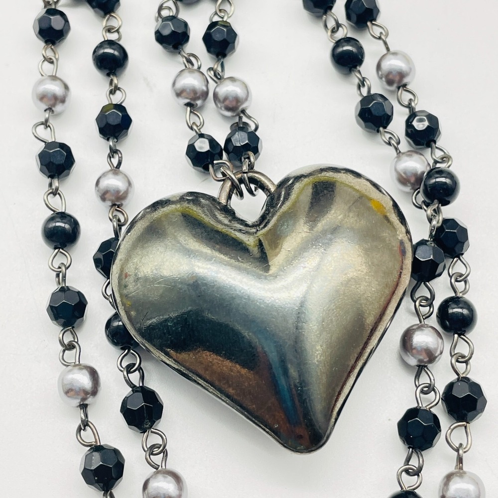 Heart Pendant Necklace Black Beaded Chain Silver Tone Long Fashion Jewelry - Picture 5 of 7